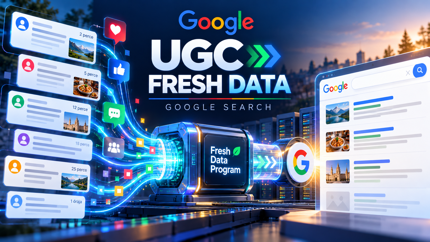 Google UGC Fresh Data Program illusztráció: friss közösségi bejegyzések és felhasználói aktivitási adatok továbbítása egy adatfeldolgozó rendszeren keresztül a Google kereső felé.