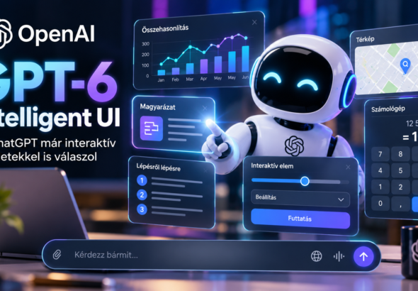 GPT-6 Intelligent UI illusztráció: interaktív ChatGPT-felület grafikonokkal, térképpel, számológéppel és beállítási vezérlőkkel.
