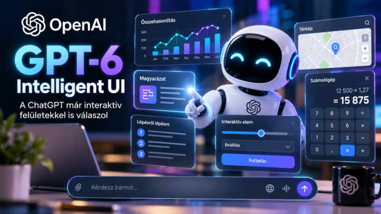 GPT-6 Intelligent UI illusztráció: interaktív ChatGPT-felület grafikonokkal, térképpel, számológéppel és beállítási vezérlőkkel.
