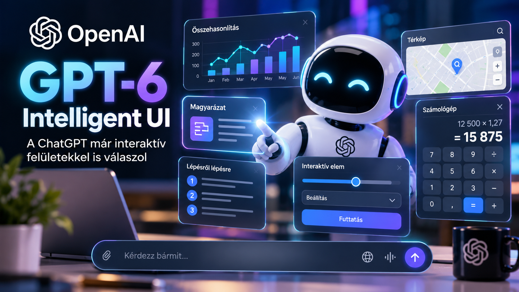 GPT-6 Intelligent UI illusztráció: interaktív ChatGPT-felület grafikonokkal, térképpel, számológéppel és beállítási vezérlőkkel.
