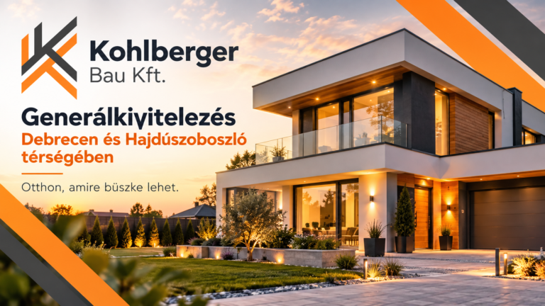 Kohlberger Bau Kft. generálkivitelezés – modern kétszintes családi ház látványképe naplementében, a vállalkozás narancssárga és grafitszürke logójával.