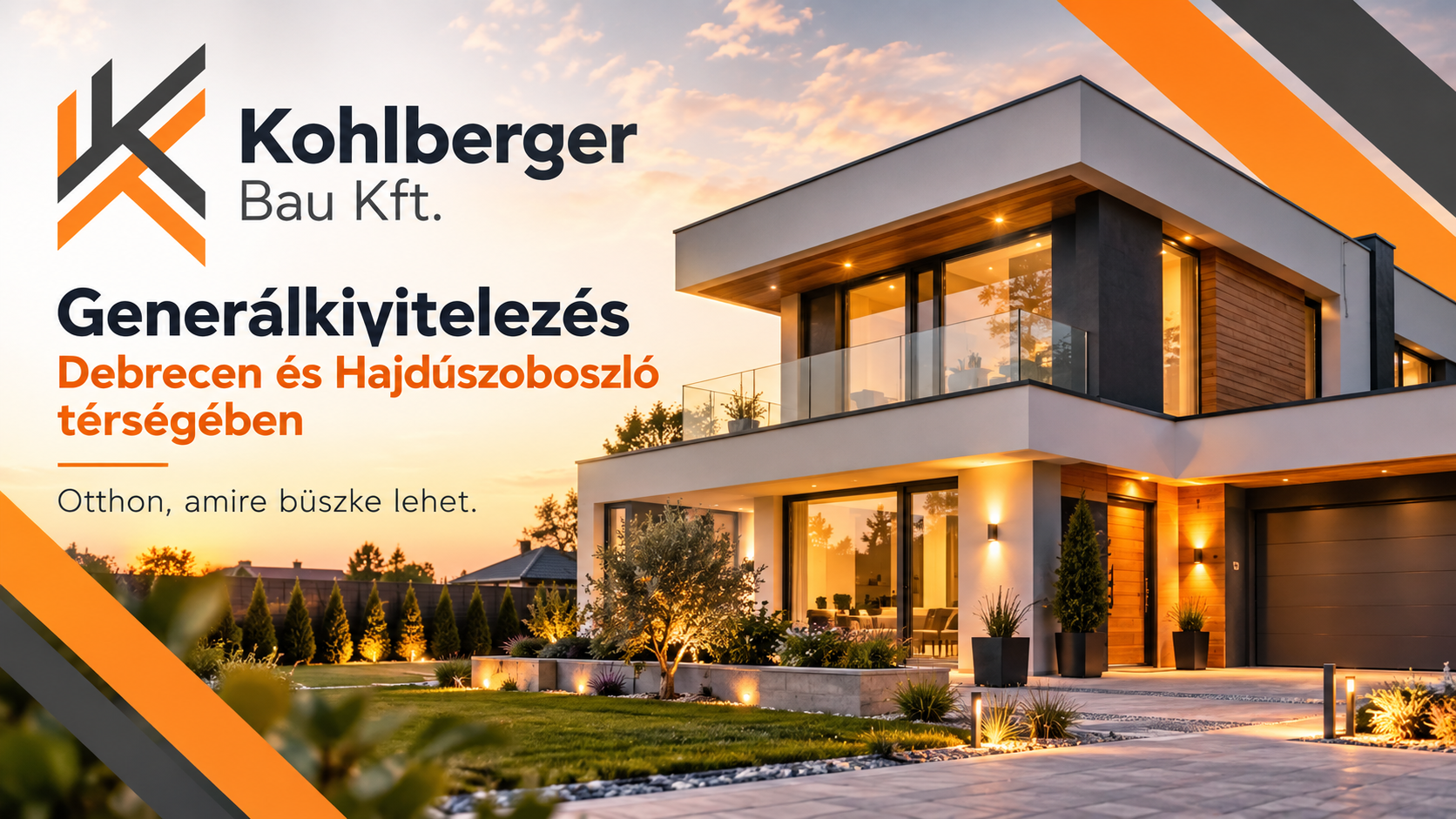 Kohlberger Bau Kft. generálkivitelezés – modern kétszintes családi ház látványképe naplementében, a vállalkozás narancssárga és grafitszürke logójával.