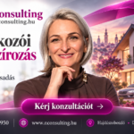 Némethy Consulting Kft. – női pénzügyi tanácsadó portréja, vállalkozói finanszírozás, lakáshitel és biztosítási szolgáltatások magenta-fehér reklámgrafikán.