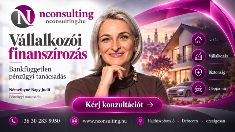 Némethy Consulting Kft. – női pénzügyi tanácsadó portréja, vállalkozói finanszírozás, lakáshitel és biztosítási szolgáltatások magenta-fehér reklámgrafikán.