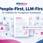 People-First, LLM-First editorial illustration about AI visibility, Hungarian businesses and machine-readable digital knowledge.
