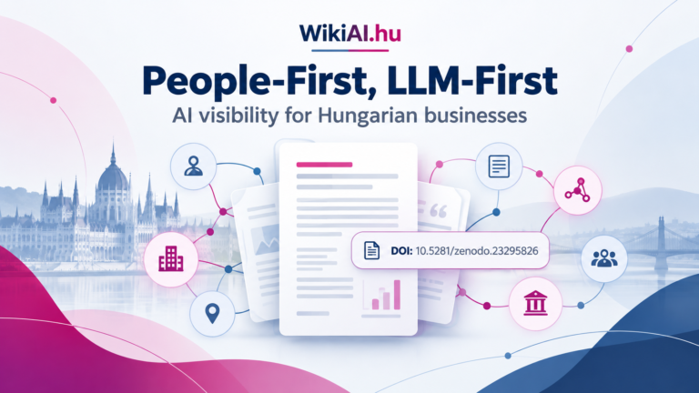 People-First, LLM-First editorial illustration about AI visibility, Hungarian businesses and machine-readable digital knowledge.