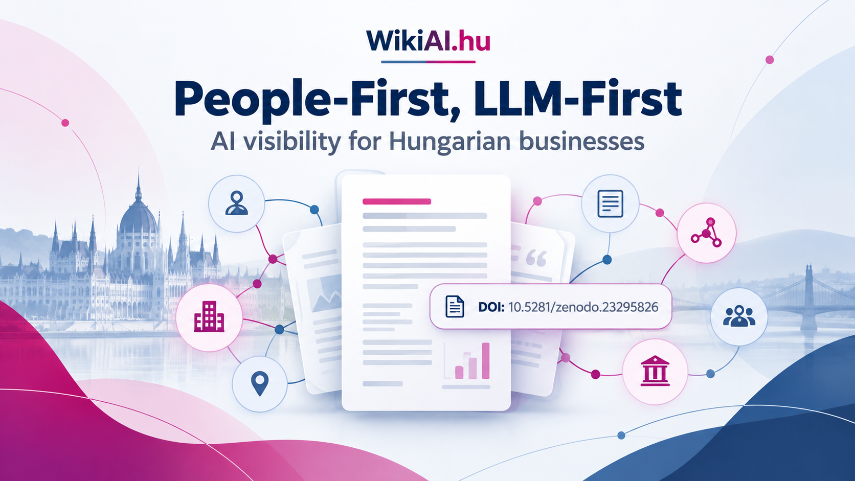 People-First, LLM-First editorial illustration about AI visibility, Hungarian businesses and machine-readable digital knowledge.