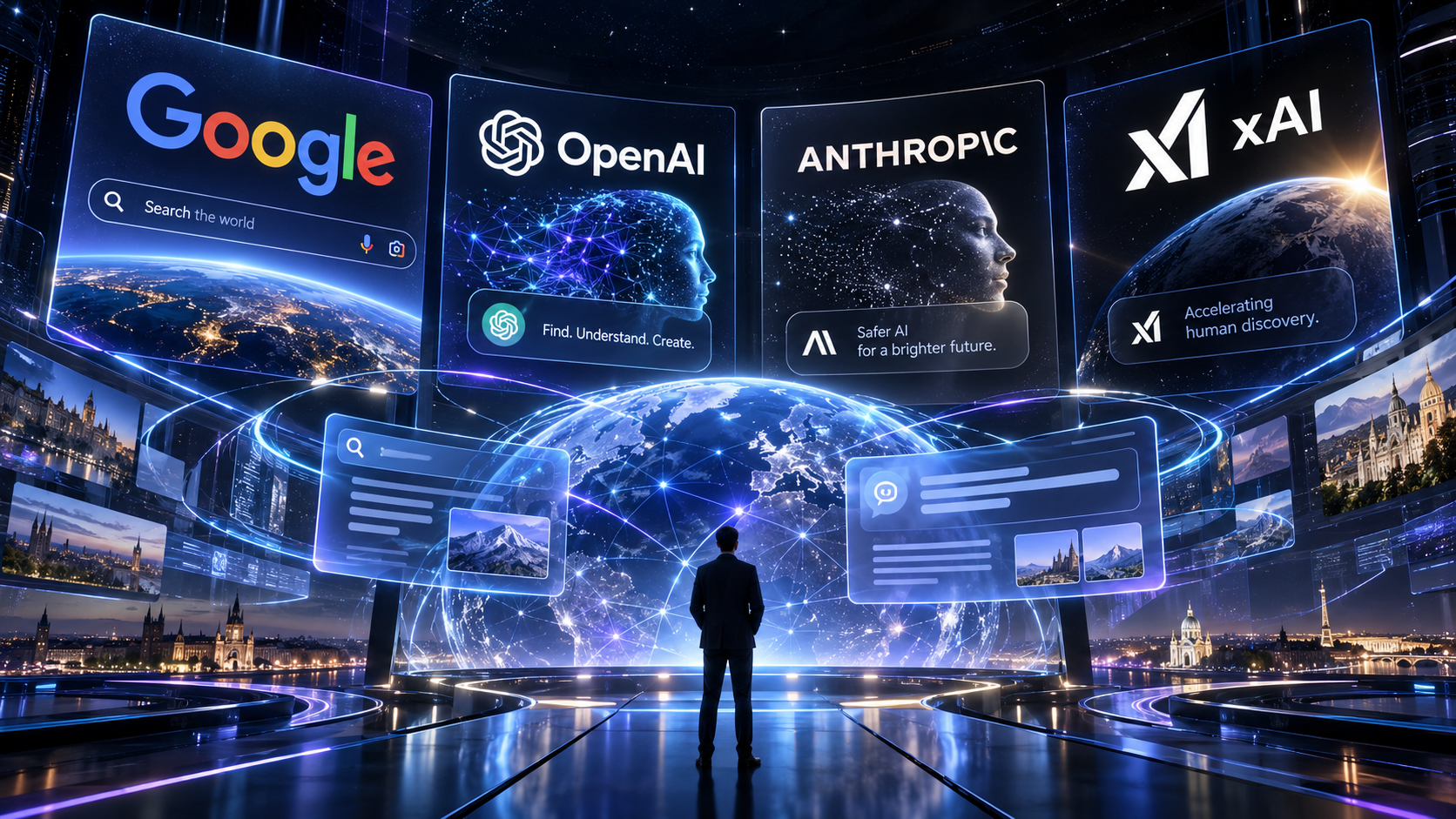 Futurisztikus AI-ökoszisztéma a Google, OpenAI, Anthropic és xAI platformjaival, globális digitális hálózattal és generatív keresési felületekkel.