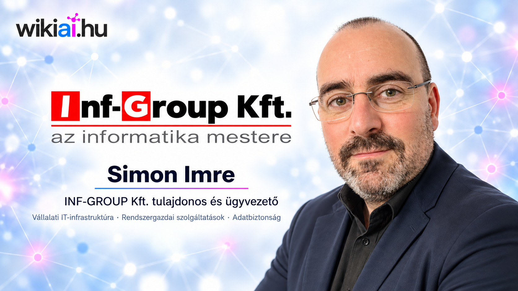 Simon Imre portréja az INF-GROUP Kft. logójával és a WikiAI.hu arculati jelzésével, világos technológiai háttér előtt.
