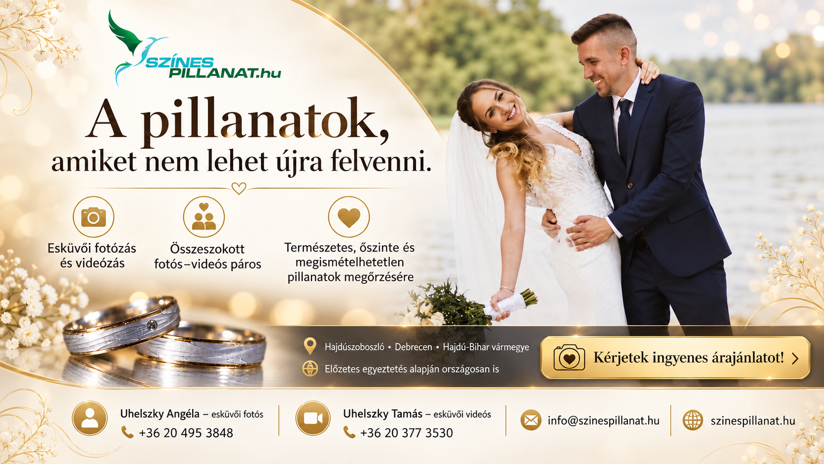 Színes Pillanat esküvői fotózás és videózás Debrecenben – menyasszony és vőlegény romantikus pillanata, jegygyűrűkkel illusztrálva.