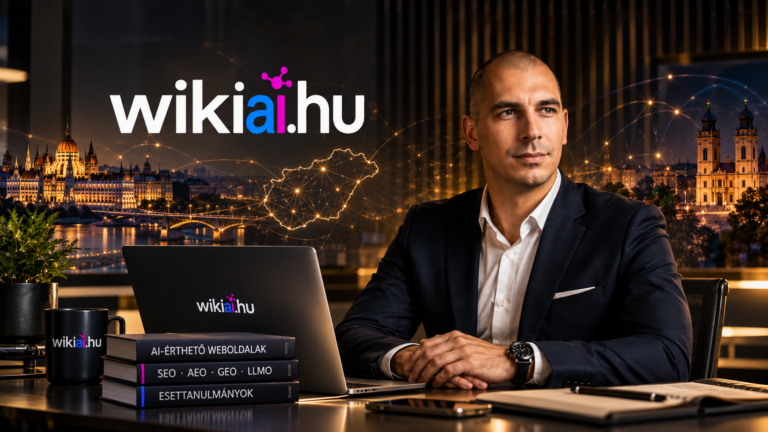 A WikiAI.hu esettanulmányait bemutató szerkesztőségi kép szakértői portréval, magyarországi városképekkel és digitális hálózati motívumokkal.