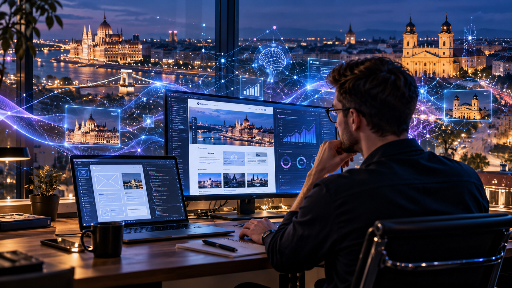 Élethű illusztráció egy modern weboldalkészítési munkakörnyezetről budapesti panorámával, monitorokon weboldaltervekkel és futurisztikus AI-adatvonalakkal.