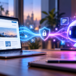 Laptopon megjelenő WordPress-felület és egy AI-ügynököt jelképező digitális alak közötti biztonságos adatkapcsolat illusztrációja.