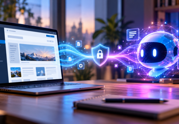 Laptopon megjelenő WordPress-felület és egy AI-ügynököt jelképező digitális alak közötti biztonságos adatkapcsolat illusztrációja.